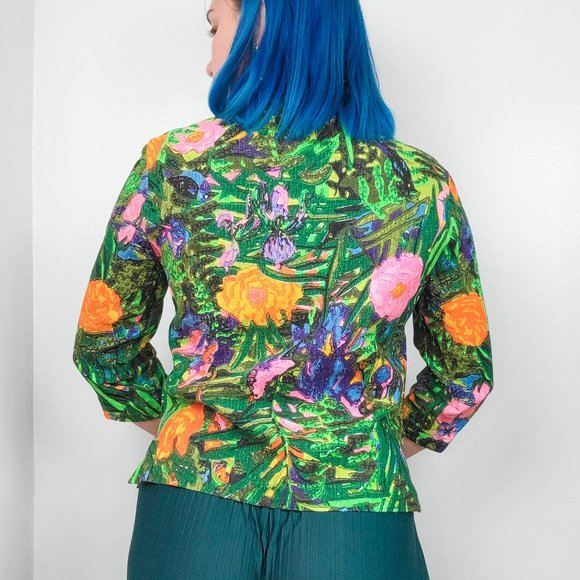 Vintage 1960s Retro Green Floral Print Shacket / Blouse - Picture 3 of 7